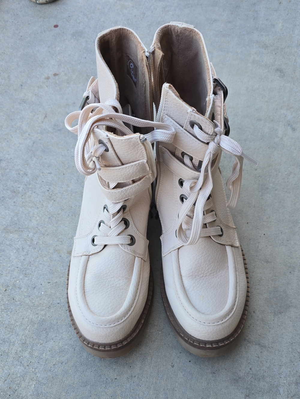 Lace-Up Cream Ankle Boots with Side Buckle